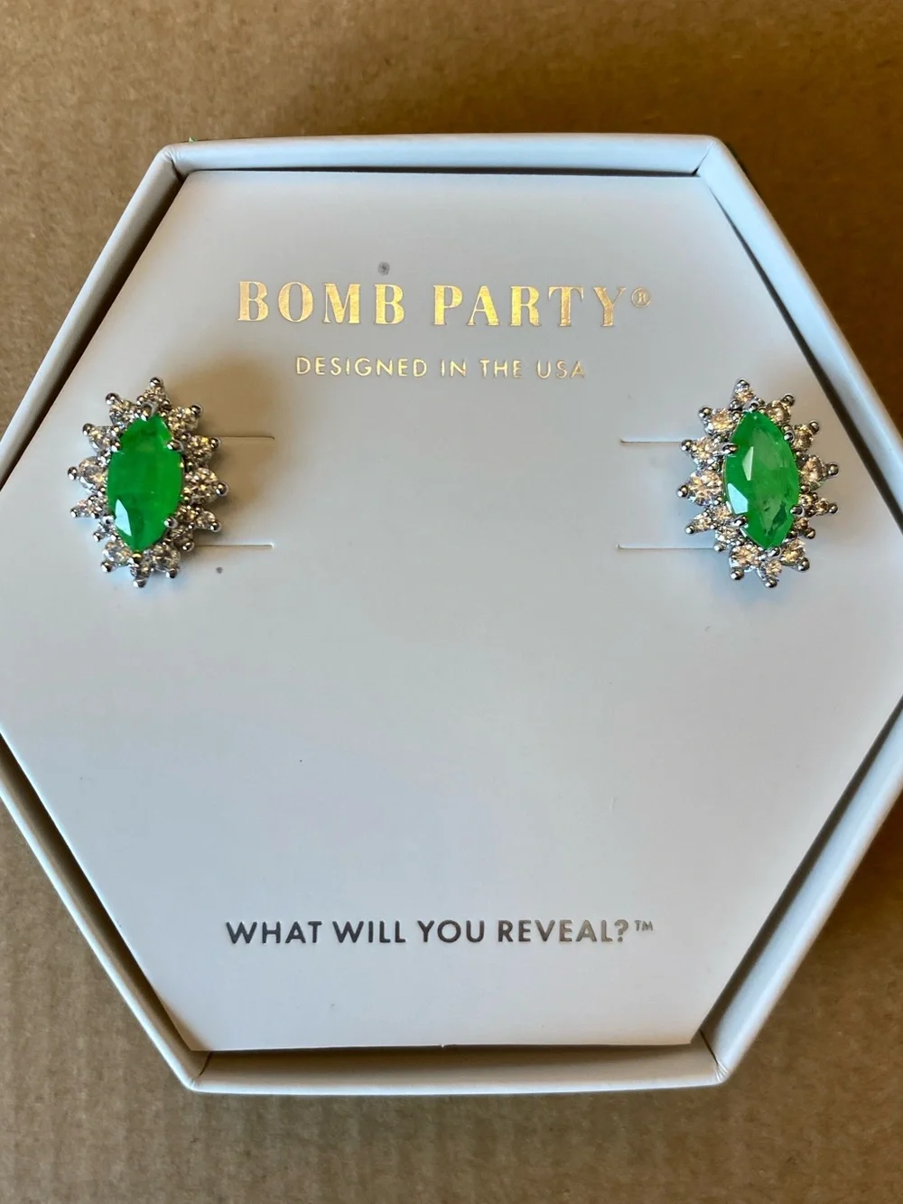 NWT Bomb Party August 2023 - Green Crystal Marquise Halo Stud Earrings RBP6354